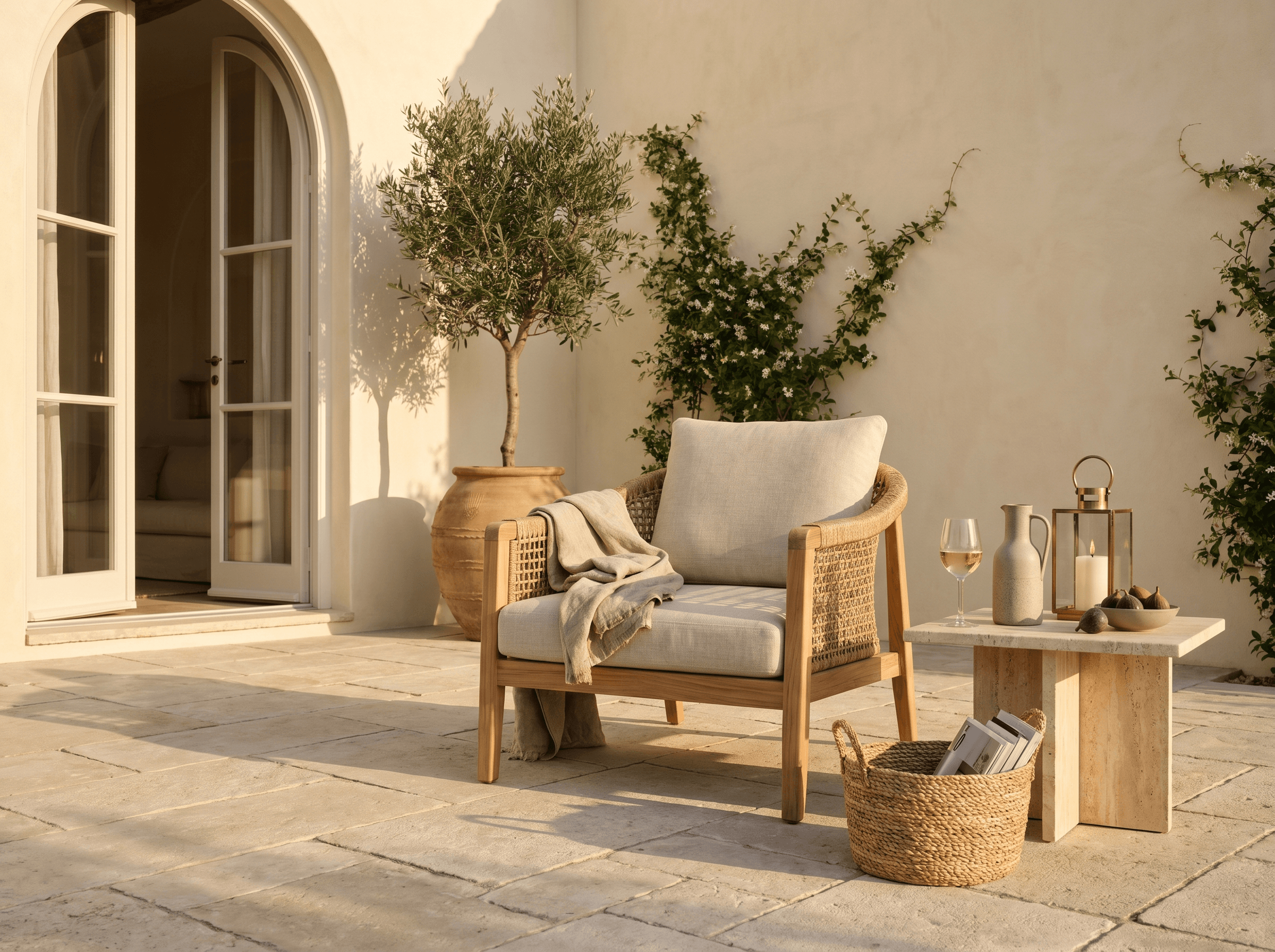 Mediterraanse terrasrender met travertijnen bestrating, geweven loungestoel en olijfboom