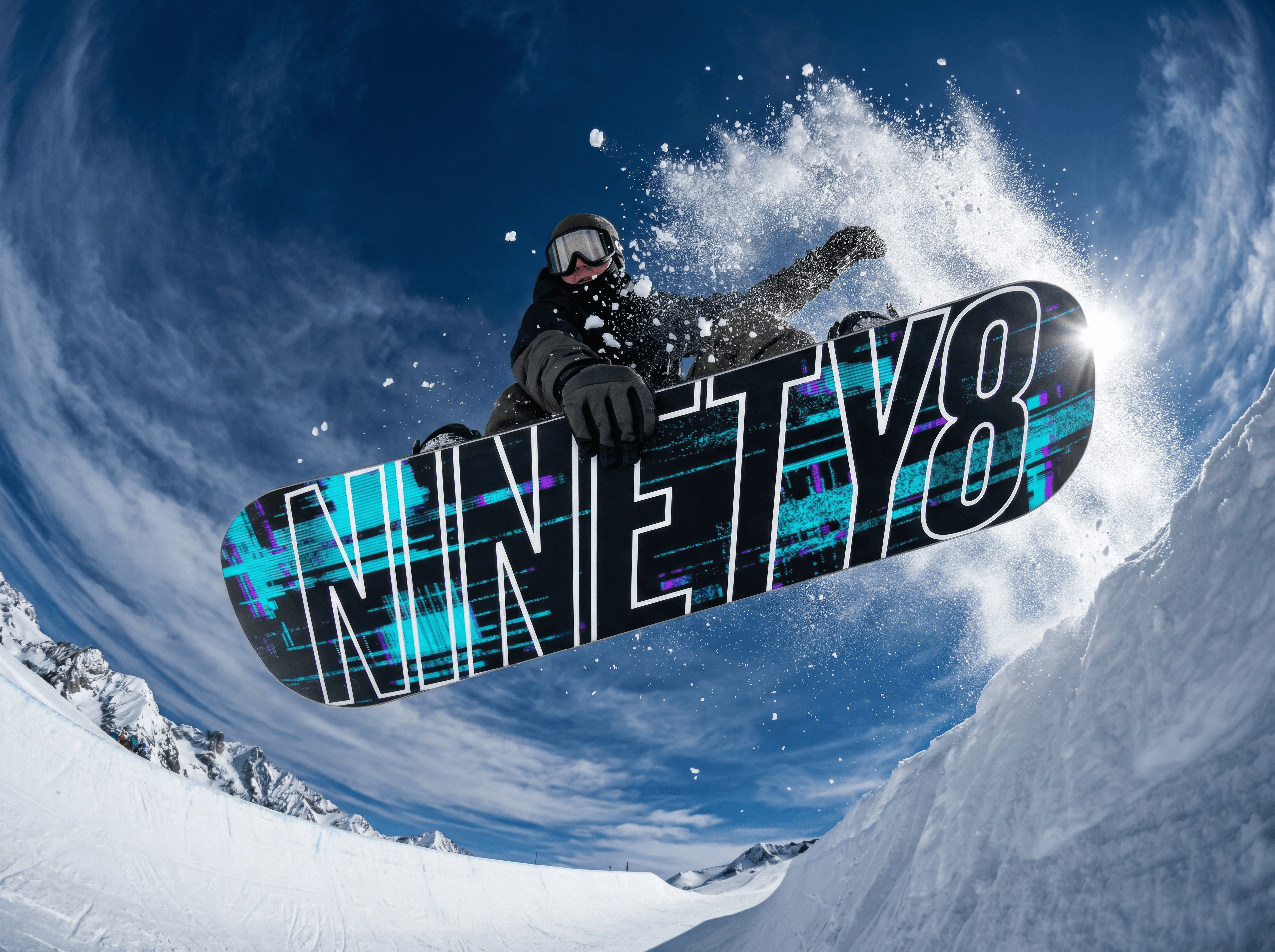 AI-gegenereerde lifestyle visual — NINETY8 snowboard in actie